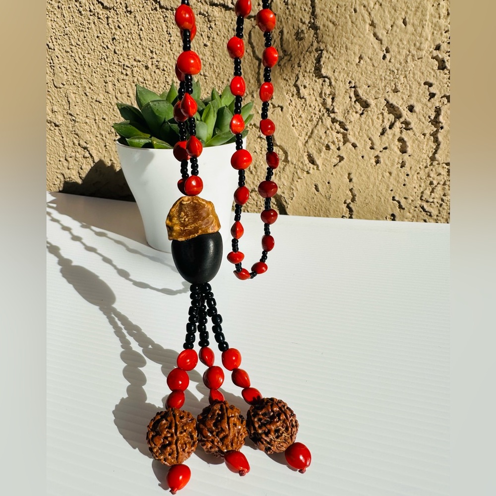 Natural Red Heart Bean String Necklace Walnut Heart Pendant Bohemian Style 19”